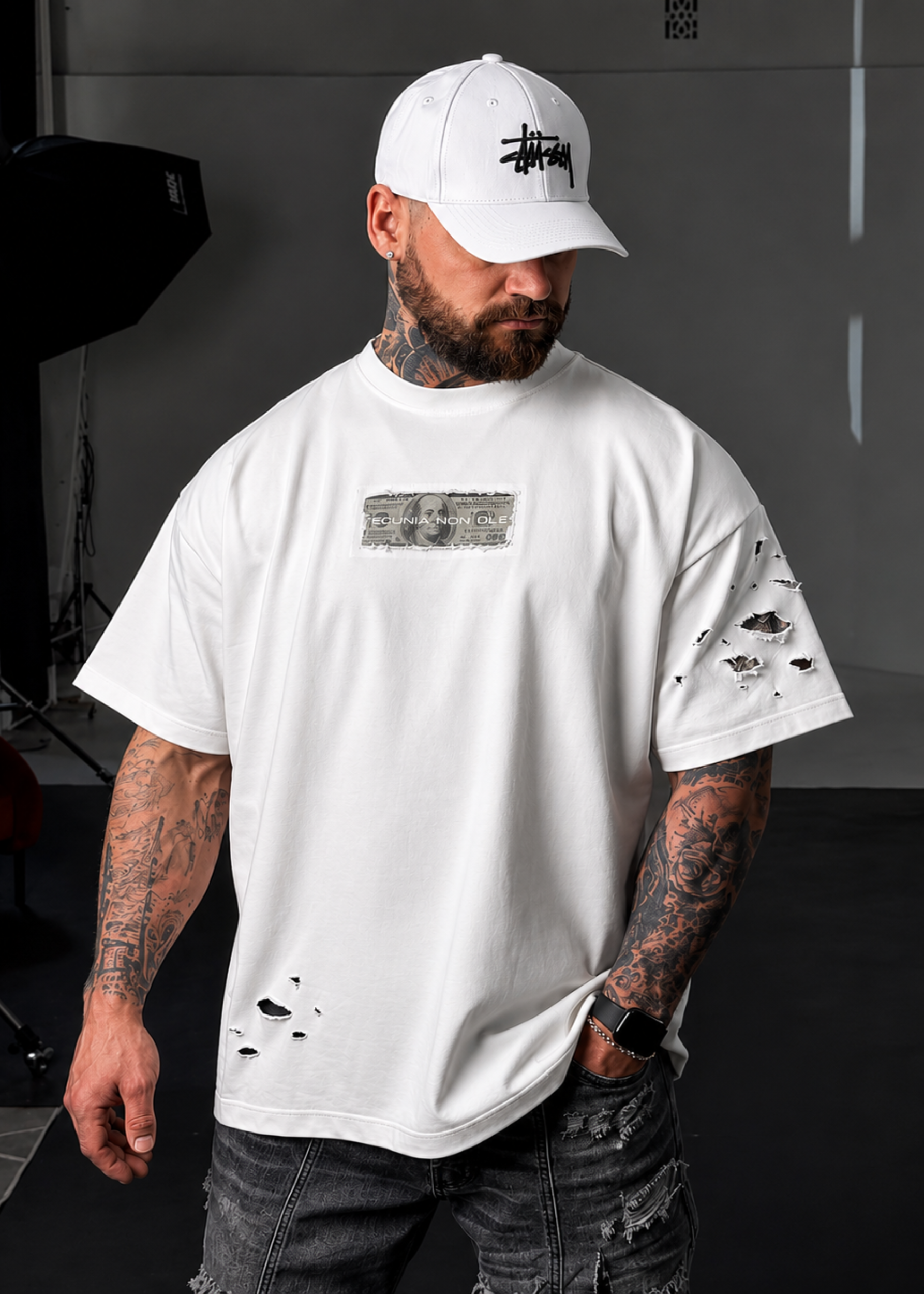Bondwhite Men's Oversized Heavy Cotton T-Shirt  Distressed Money Graphic Print