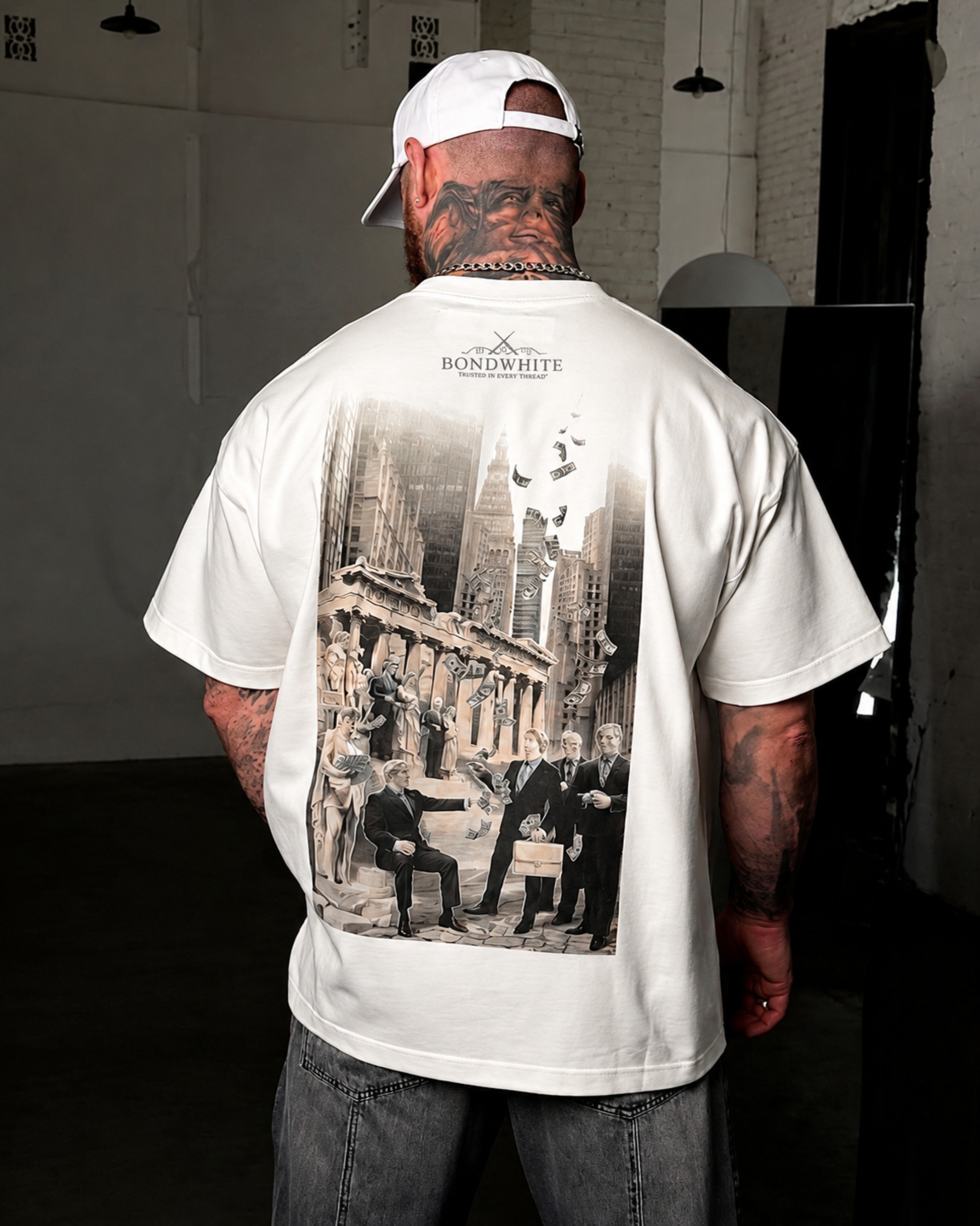 Bondwhite Men's Oversized Heavy Cotton T-Shirt  Distressed Money Graphic Print