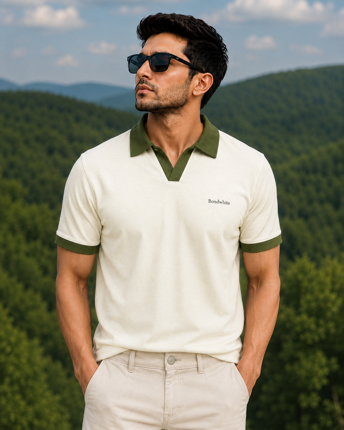 Men's Off White Polo T-Shirt with Olive Green Collar | Premium Wear