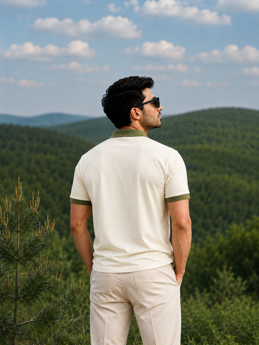 Men's Off White Polo T-Shirt with Olive Green Collar | Premium Wear