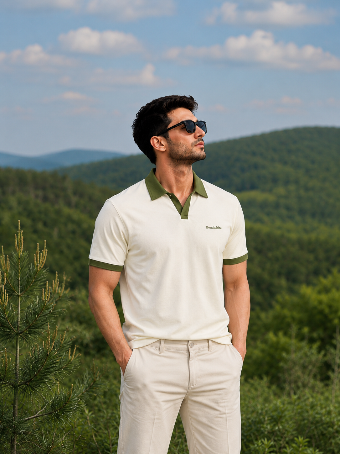 Men's Off White Polo T-Shirt with Olive Green Collar | Premium Wear
