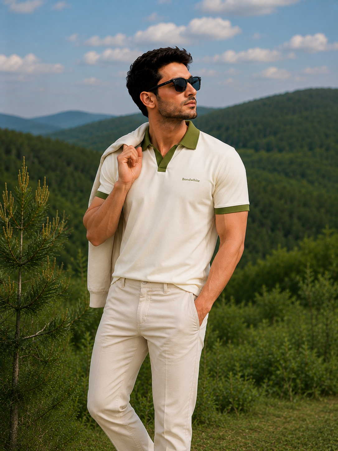 Men's Off White Polo T-Shirt with Olive Green Collar | Premium Wear