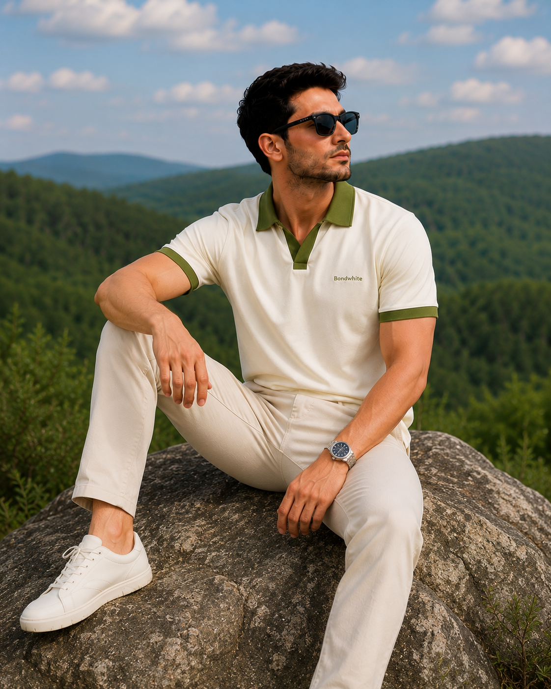 Men's Off White Polo T-Shirt with Olive Green Collar | Premium Wear