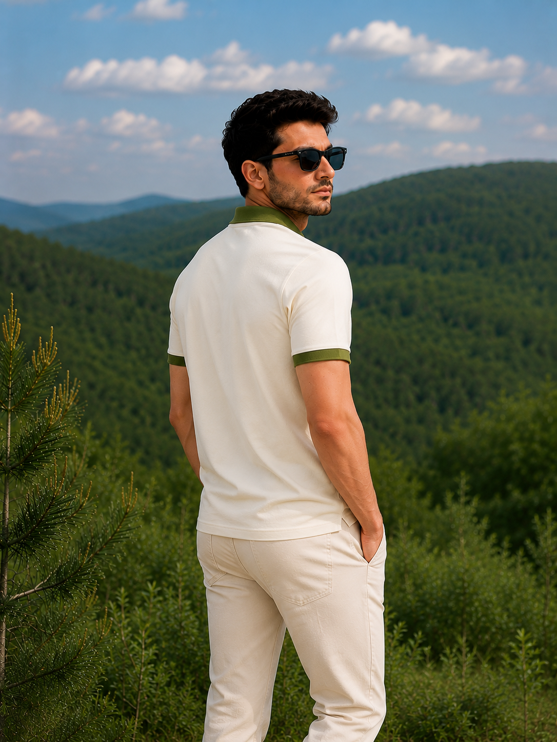 Men's Off White Polo T-Shirt with Olive Green Collar | Premium Wear