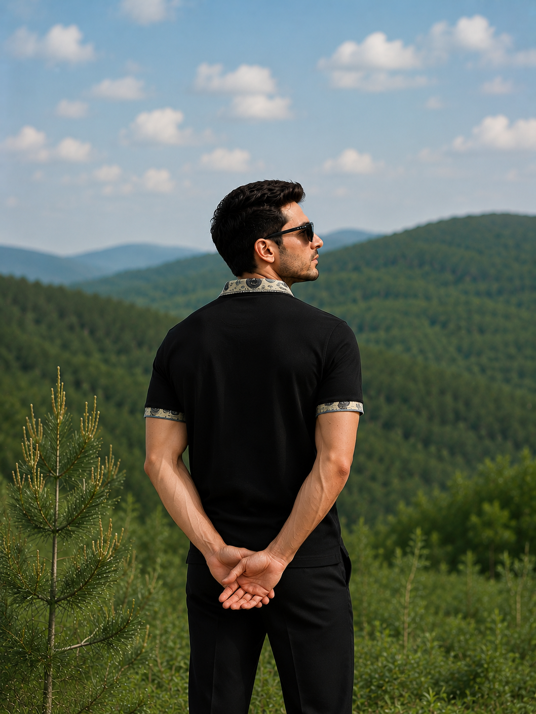 Men's Black Polo T-Shirt with Printed Collar Detail