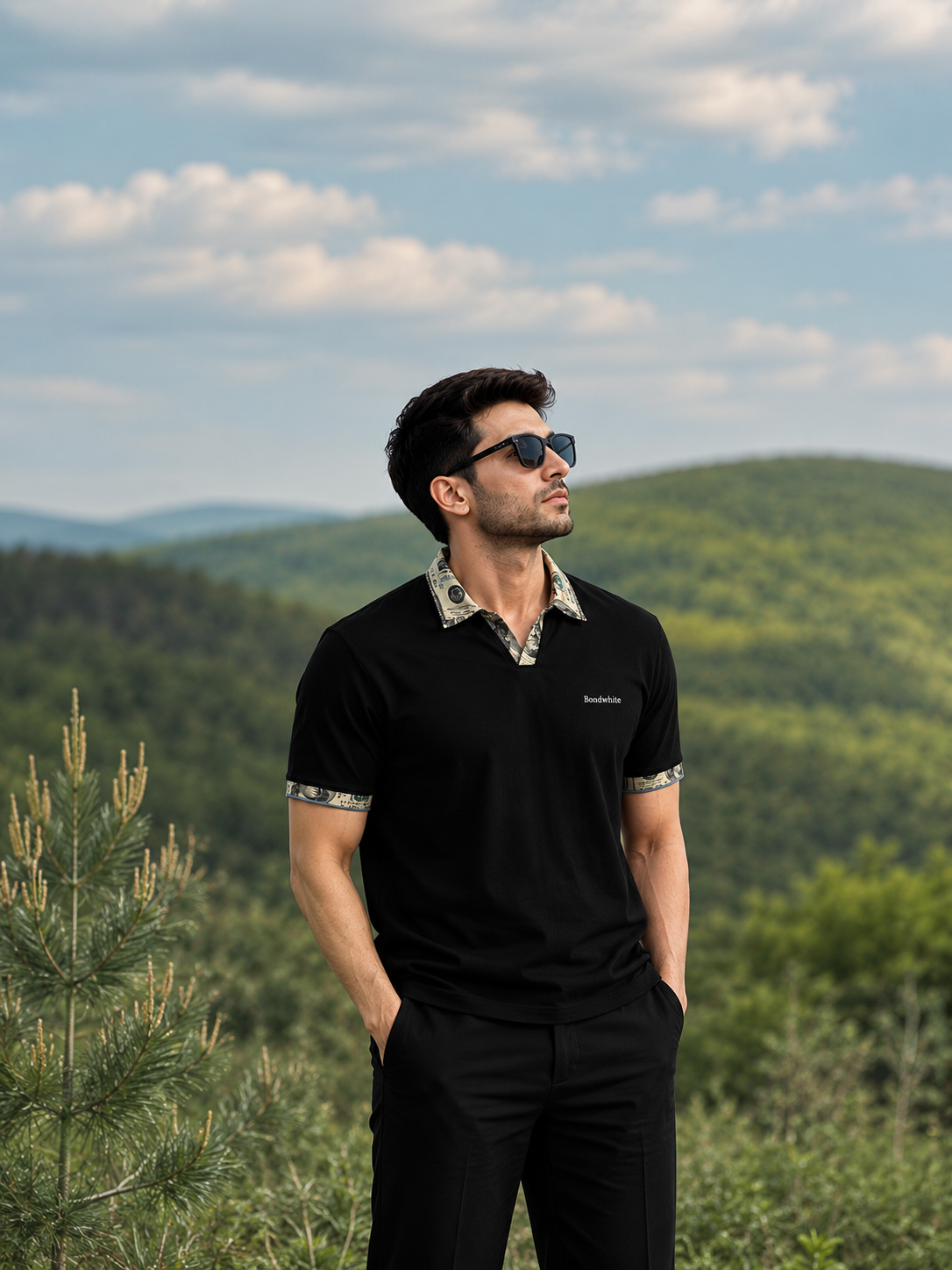 Men's Black Polo T-Shirt with Printed Collar Detail