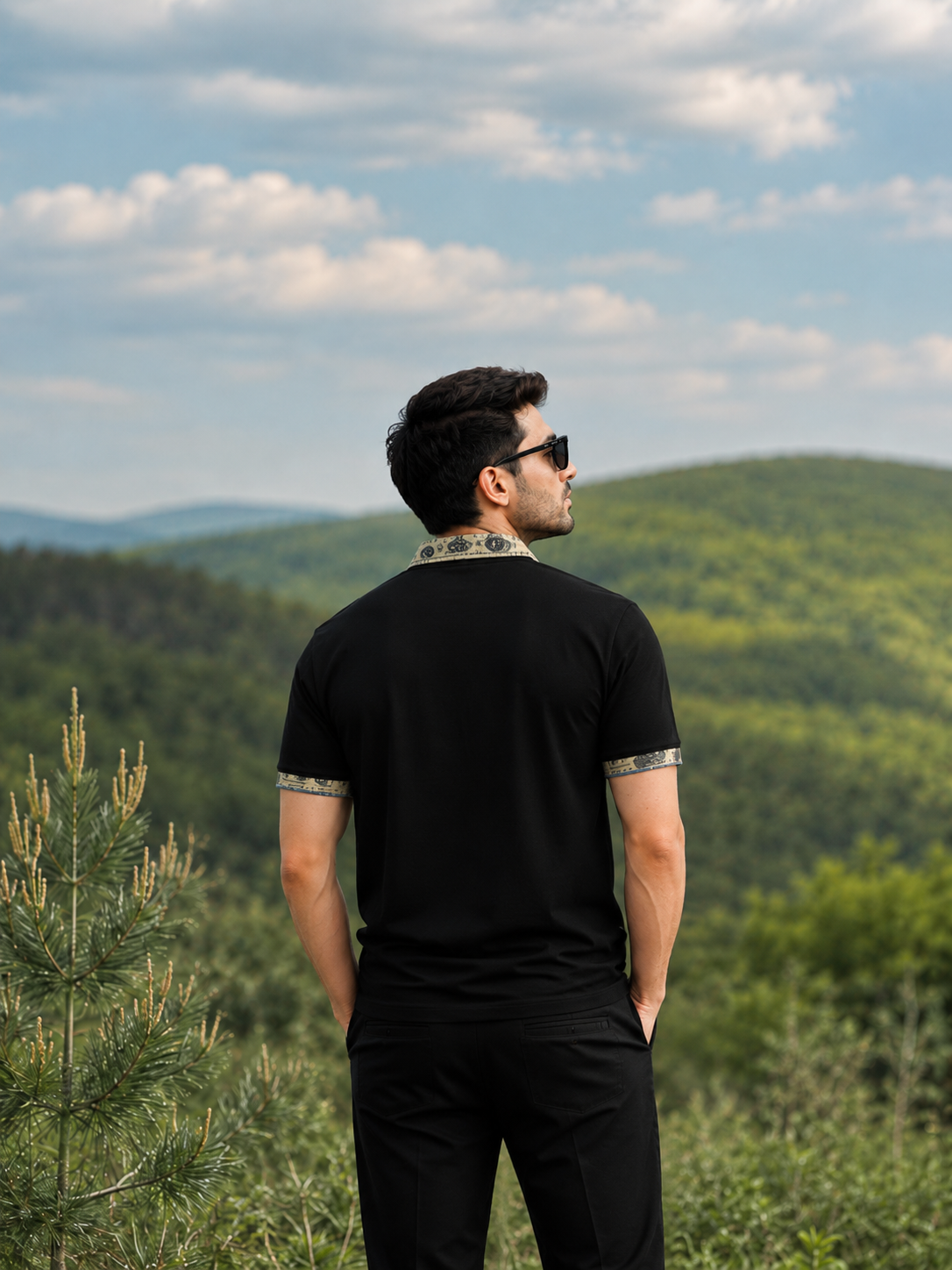 Men's Black Polo T-Shirt with Printed Collar Detail