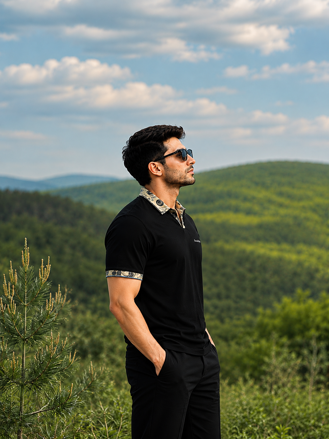 Men's Black Polo T-Shirt with Printed Collar Detail