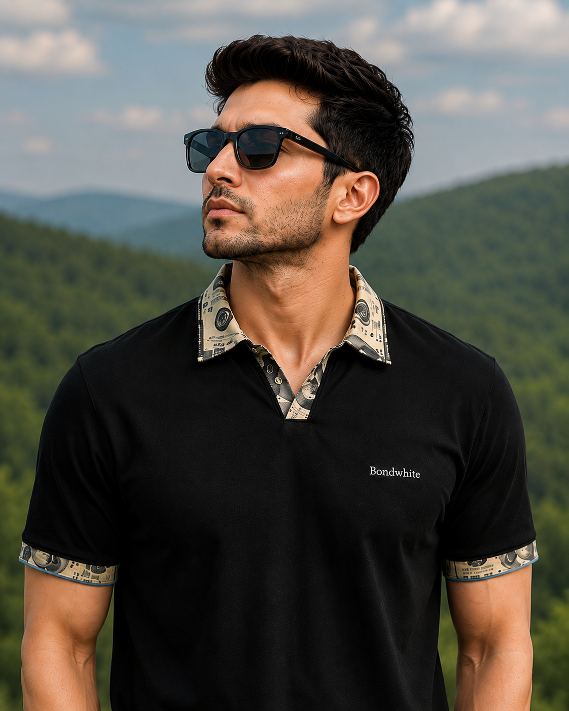 Men's Black Polo T-Shirt with Printed Collar Detail